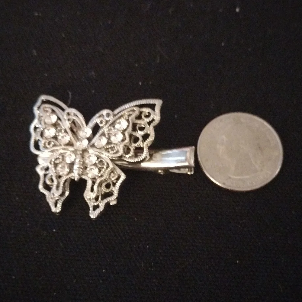 Vintage Silver Tone Filigree W/ Clear Rhinestone Butterfly Hair Clip
